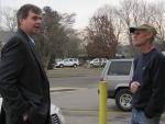 JULIE LANE PHOTO | Democrat Al Krupski sought Charles Field’s vote at the Post Office Wednesday morning.